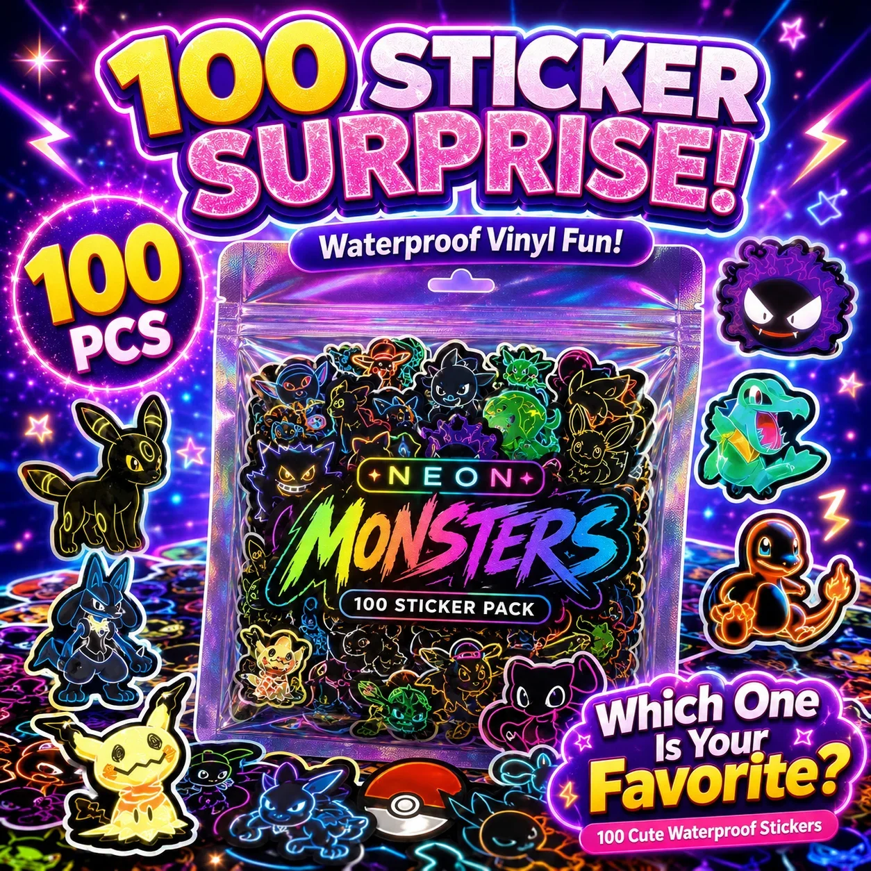Wall Sticker - 100 pegatinas de Pokémon de neón,